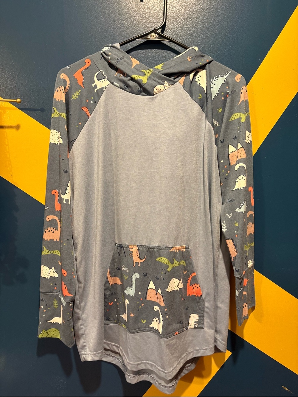 LuLaRoe Cornflower Blue Dinosaur Print Long Sleeve Hoodie NWOT